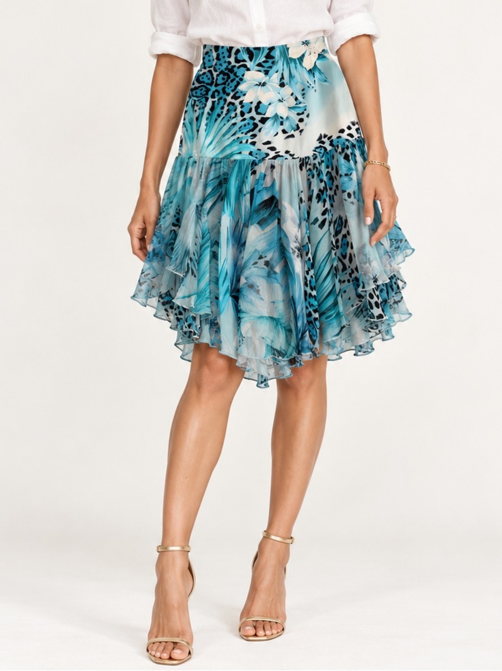 Alberto Makali Y2K 100% Silk Tropical Animal Print Ruffle Skirt 6